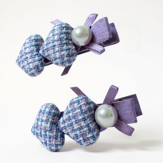 Plaid Bow & Pearl Clip Set
