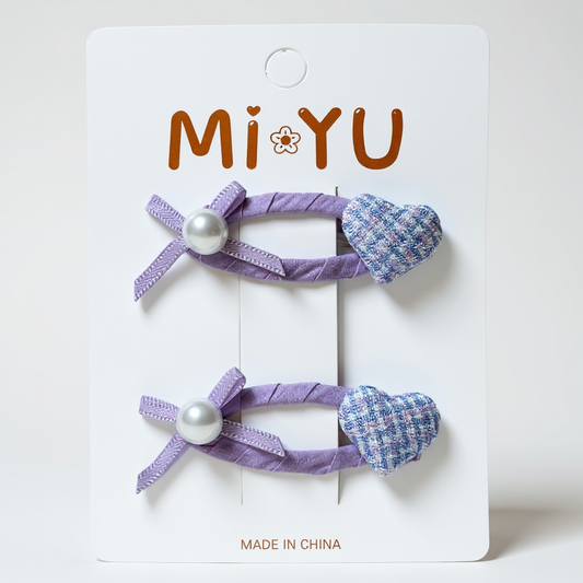 Plaid Heart & Pearl Clip Set